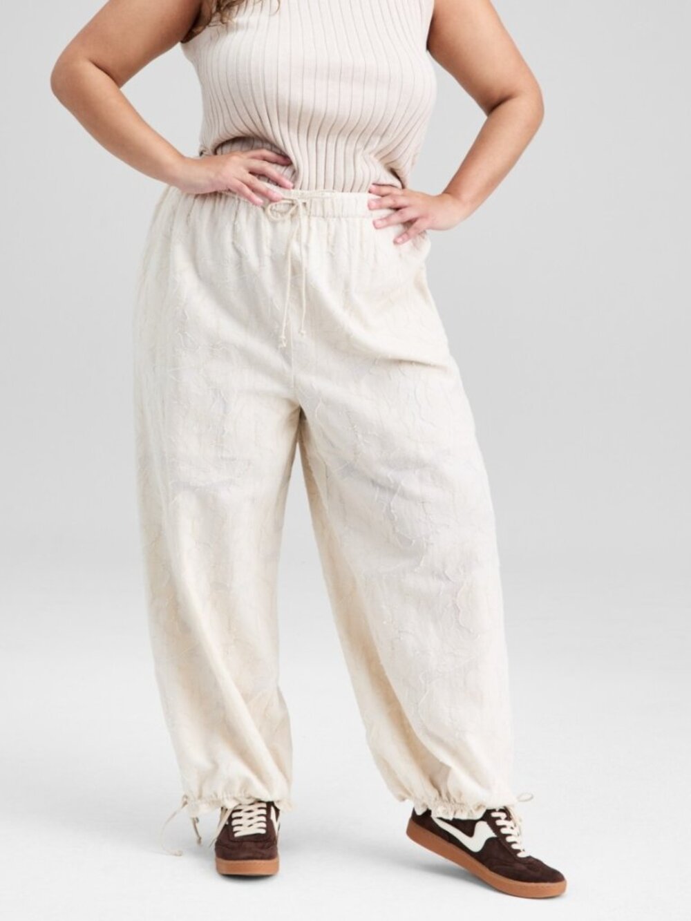 And Now This Trendy Plus Size Cotton Jacquard Drawstring-Hem Pants 1X Beige